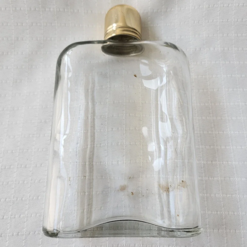 Vintage Ribbed Glass Hip Flask‎ with Two Tone Faux Leather Snap Sleeve Gold Cap